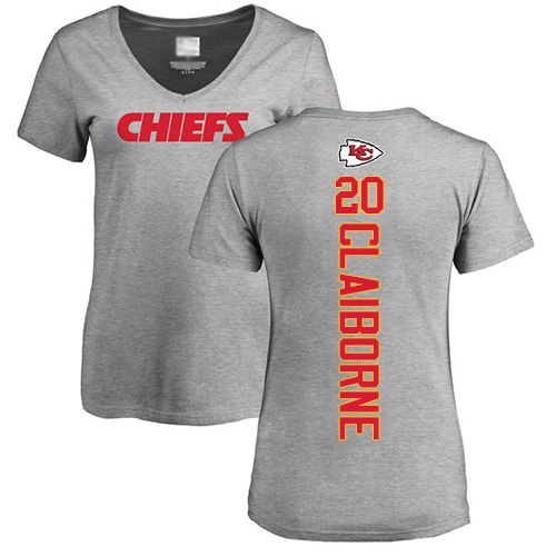 Women Football Kansas City Chiefs #20 Claiborne Morris Ash Backer V-Neck T-Shirt->nfl t-shirts->Sports Accessory